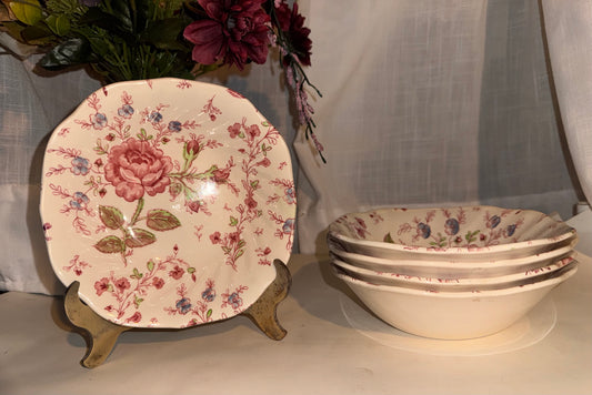 Johnson Brothers ‘Rose Chintz’ (England) Square Floral Bowl, 6.25” | Multiples Available | Vintage Ironstone Dining