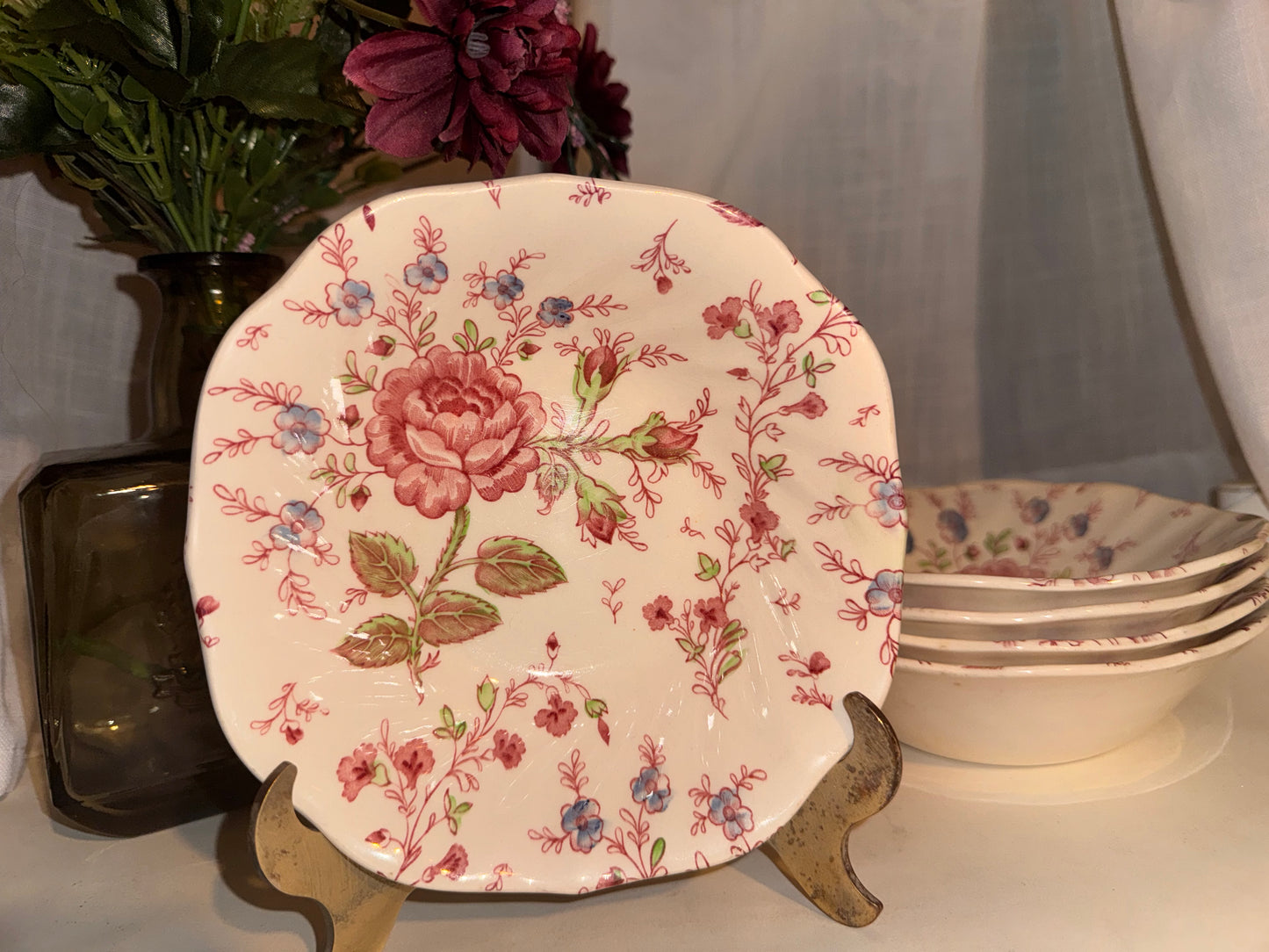 Johnson Brothers ‘Rose Chintz’ (England) Square Floral Bowl, 6.25” | Multiples Available | Vintage Ironstone Dining