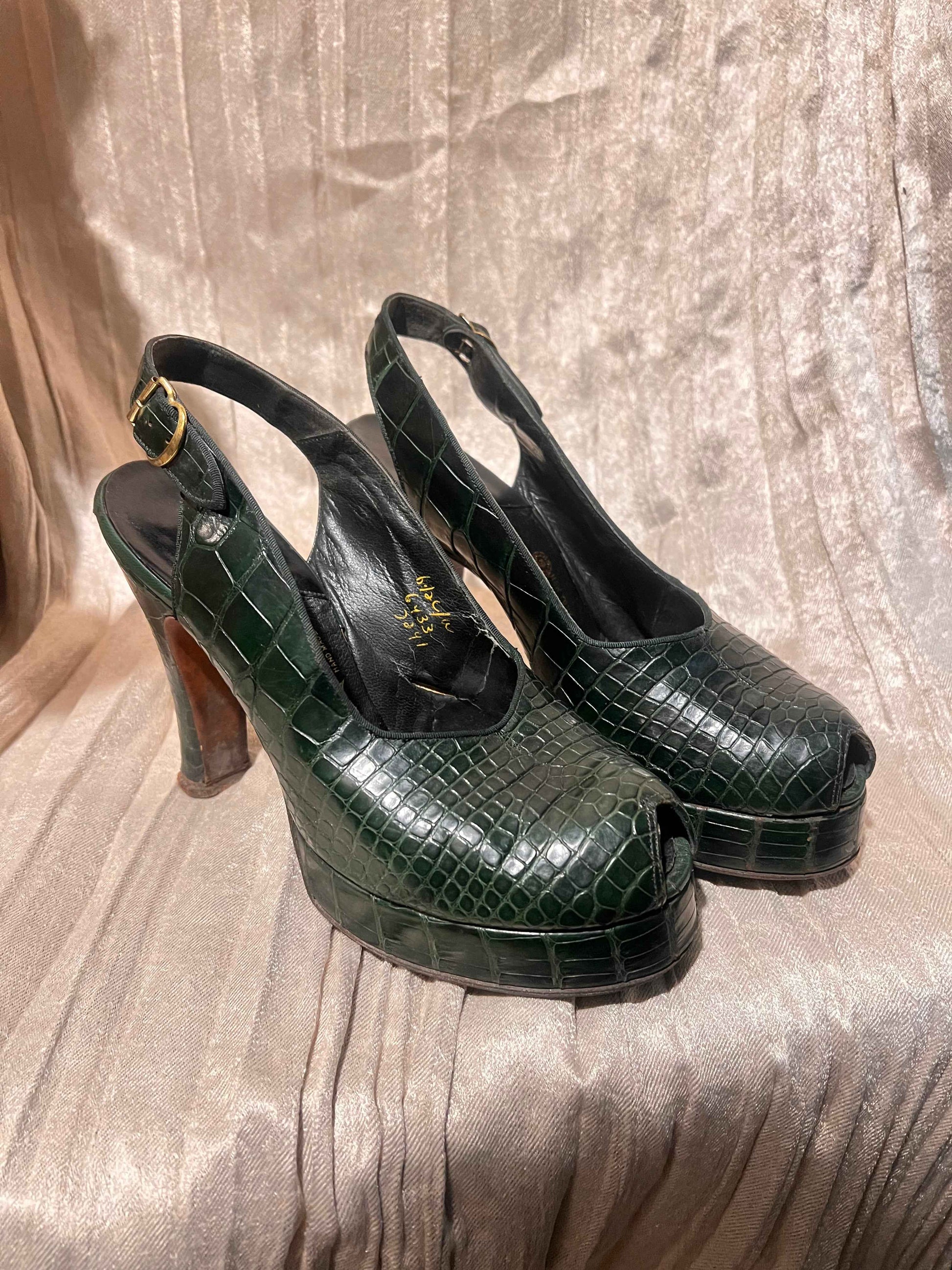 Vintage 1950’s Beleganti for O’Connor & Goldberg Alligator Skin Peep Toe Sling Backs, Size 6.5